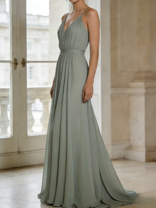 Vintage Sage Green Spaghetti Strap Chiffon Evening Gown Pleated V-Neck Prom Dress DP7775