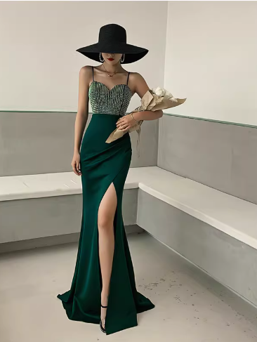 Vintage Black & Silver Sequin Sweetheart Evening Gown High Slit Mermaid Prom Dress DP7782