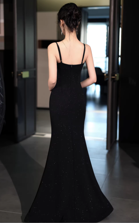 Vintage Black Glitter Mermaid Evening Gown Beaded Sweetheart Spaghetti Strap Prom Dress DP7784