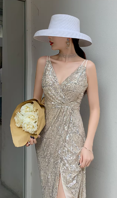 Vintage Champagne Gold Sequin Spaghetti Strap Evening Gown High Slit V-Neck Prom Dress DP7787