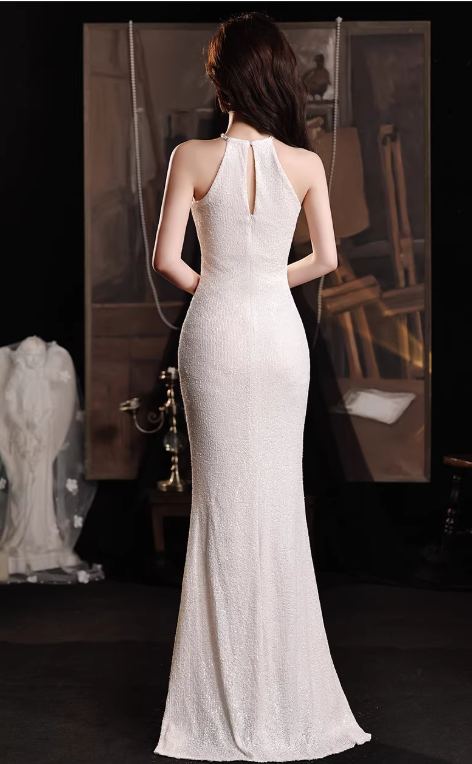 Vintage White Sparkle Halter-Neck Mermaid Evening Gown Keyhole Cutout Evening Dress Prom Dress DP7788