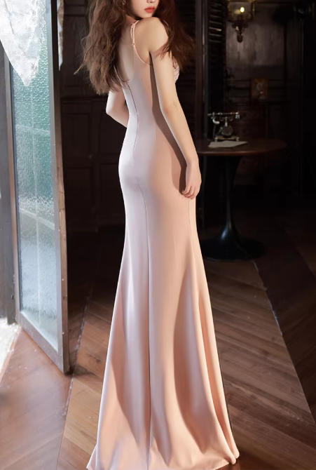 Vintage Pink Satin Mermaid Evening Gown Beaded Sweetheart High Slit Prom Dress DP7791