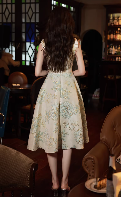 Vintage Beige Floral Print A-Line Midi Cocktail Gown Sweetheart Belted Formal Prom Dress DP7792