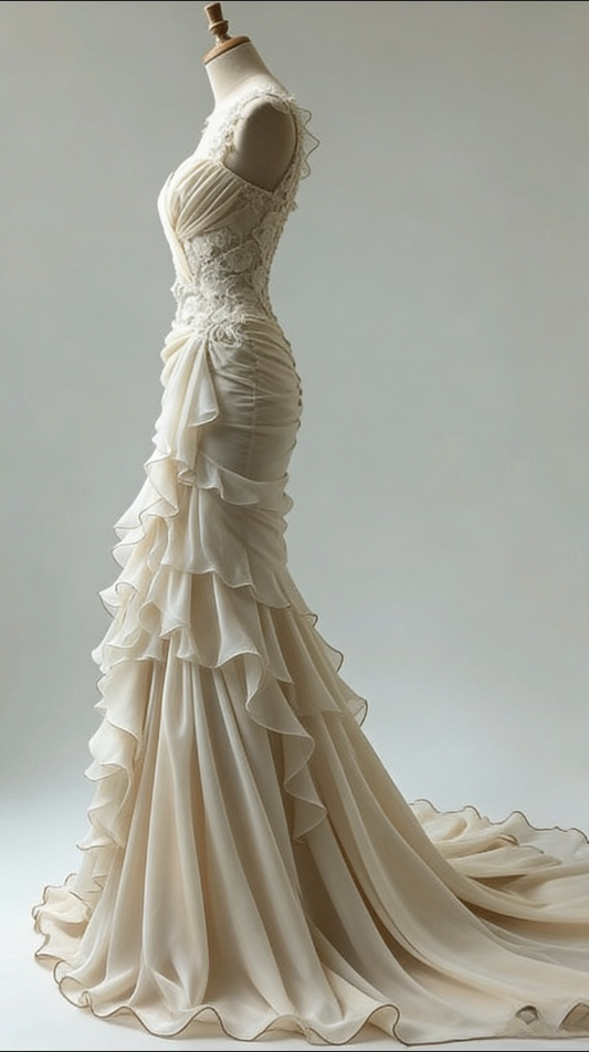 Vintage Sweetheart Mermaid Ruffle Design Beautiful A-Line Chiffon Lace Wedding Dress DP6120