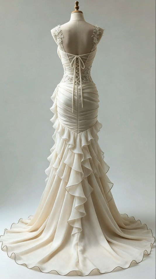 Vintage Sweetheart Mermaid Ruffle Design Beautiful A-Line Chiffon Lace Wedding Dress DP6120