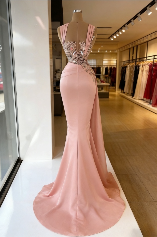 Glamorous Pink Satin Mermaid Evening Gown Beaded Halter-Neck Prom Dress F04818