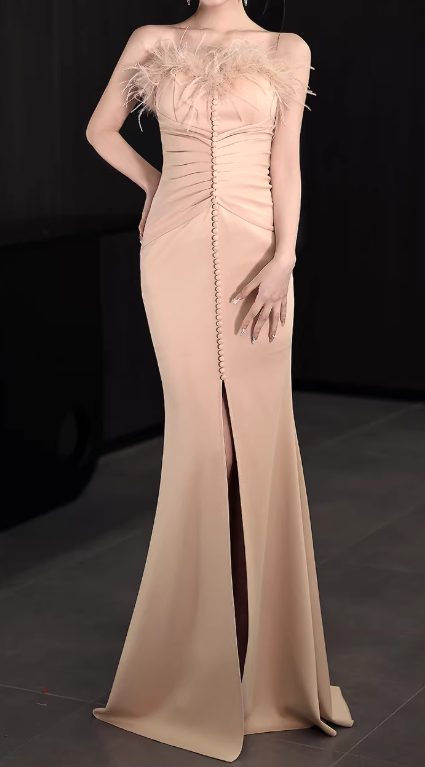 Elegant Mermaid Feather Trim Evening Gown Spaghetti Strap Satin Prom Dress DP7800