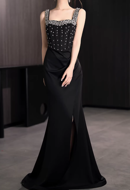 Elegant Black Mermaid Evening Gown Beaded Square Neck Satin Prom Dress DP7801
