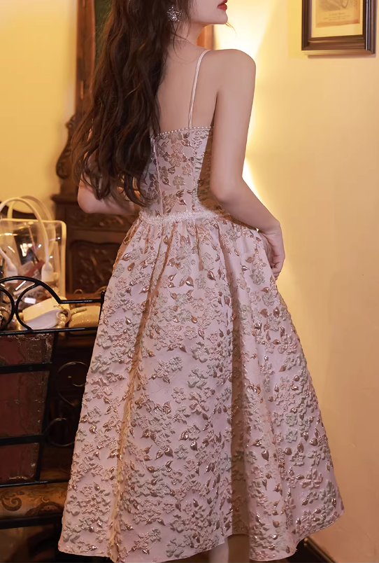 Elegant Pink A-Line Cocktail Dress Floral Lace Spaghetti Strap Midi Prom Dress DP7802