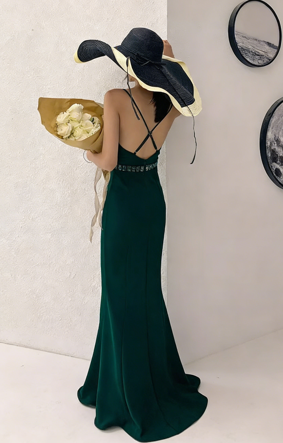Glamorous Emerald Green Beaded Satin Mermaid Evening Gown V-Neck Spaghetti Strap Beaded Belt Prom Dress DP7811