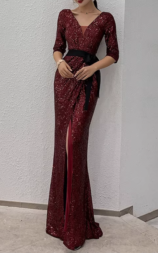 Glamouröses Pailletten-Meerjungfrauen-Abendkleid mit 3/4-Ärmeln, V-Ausschnitt, Schärpe und hohem Schlitz, Ballkleid DP7814