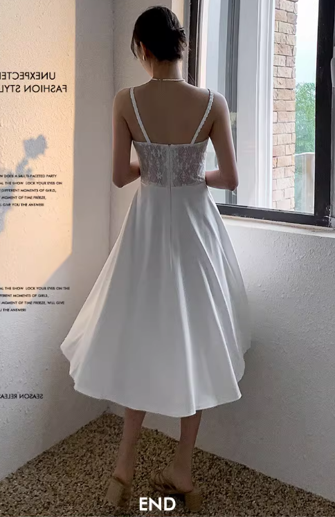 Vintage White Lace Bodice A-Line Midi Evening Gown Spaghetti Strap Prom Dress DP7815