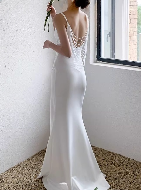 Vintage White Satin Mermaid Spaghetti Strap V-Neck High Slit Wedding Dress DP7816
