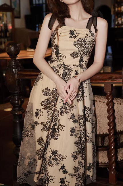 Vintage-Inspired Floral Sequin Midi Cocktail Gown Bow-Accented Straps Prom Dress DP7822