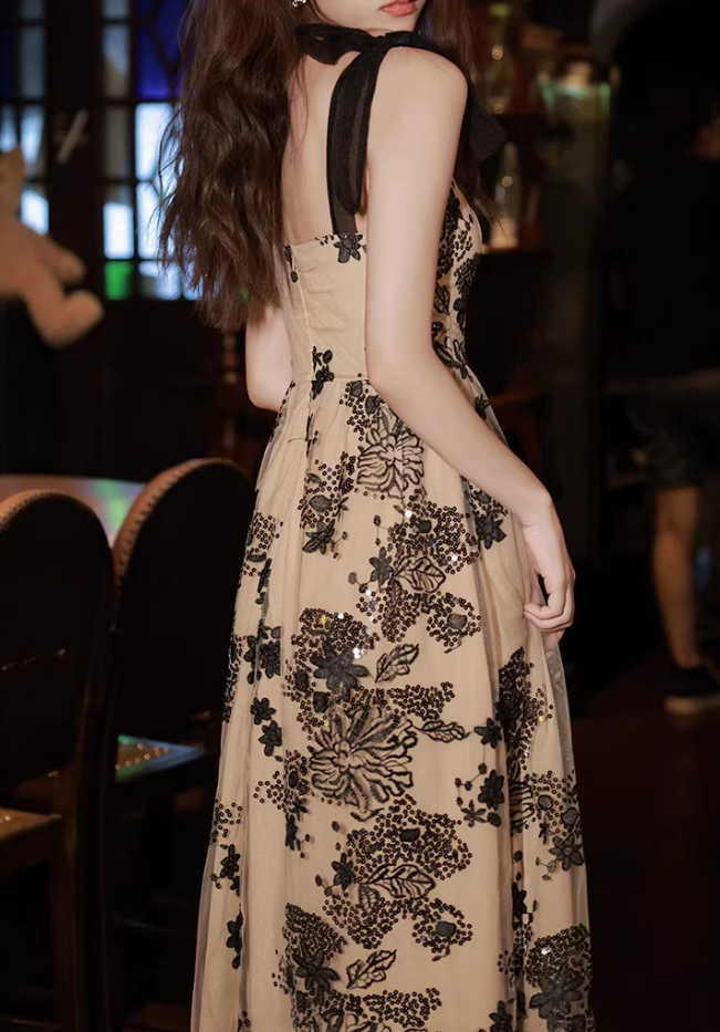 Vintage-Inspired Floral Sequin Midi Cocktail Gown Bow-Accented Straps Prom Dress DP7822