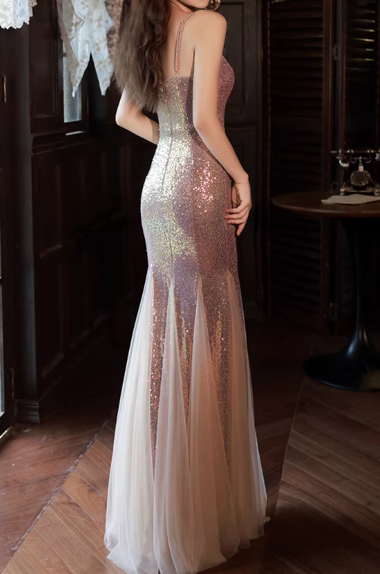 Elegant Rose Gold Sequin Mermaid Evening Gown with Tulle Train Spaghetti Strap Sweetheart Prom Dress DP7824