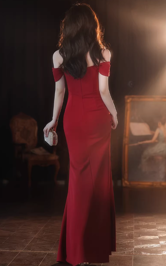 Glamorous Crimson Red Off-the-Shoulder Mermaid Evening Gown Beaded High Slit Prom Dress DP7812