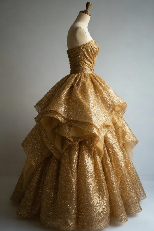 Glam Gold Glitter Strapless Tiered Ruffle Princess Sweet 15 Quinceanera Ball Gown DP5244