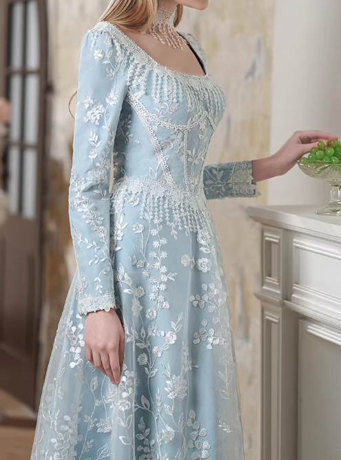 Vintage Light Blue Embroidered A-Line Tea-Length Gown Long-Sleeve Square-Neck Formal Dress for Bridal Shower/Garden Party DP7842