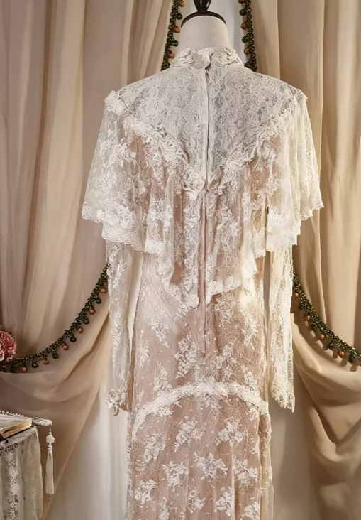 Glamorous Edwardian Ivory Lace Wedding Gown High Neck Ruffled Bohemian Bridal Dress with Floral Appliqués DP7843