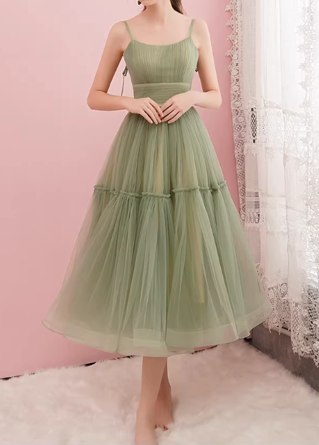 Beautiful Spaghetti Strap A-Line Midi Dress Tiered Tulle Formal Gown for Bridal Shower & Garden Party DP7850