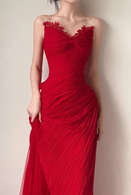 Beautiful Crimson Red Strapless Sweetheart Mermaid Gown Pleated Chiffon Formal Dress DP7852