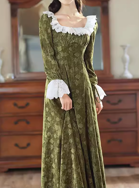 Beautiful Sage Green Regency Velvet A-Line Gown – Square Neck with Ruffled Trim & Bell Sleeves DP7853