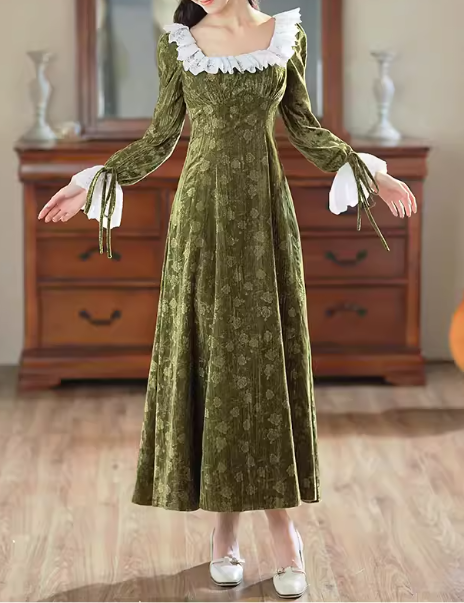 Beautiful Sage Green Regency Velvet A-Line Gown – Square Neck with Ruffled Trim & Bell Sleeves DP7853