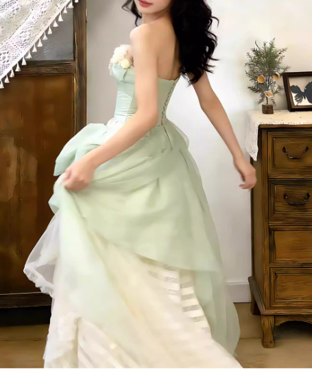 Fairy-Tale Mint Green & Ivory Tiered Evening Dress Floral Bodice Sweet 15 Quinceanera Ball Gown DP7861