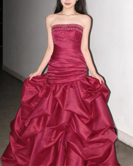 Beautiful Burgundy Strapless Mermaid Prom Dress Beaded Bodice Ruffled Evening Gown DP7863