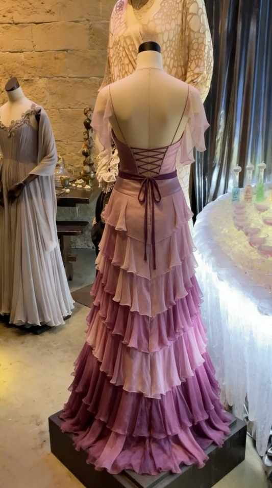 Chic Lilac Ombre Ruffled Tiered A-Line Evening Gown with Sheer Sleeves DP7865