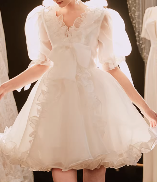 Glam White Organza Mini Ruffles Homecoming Dress A-Line Puff Sleeve Party Gown DP7875