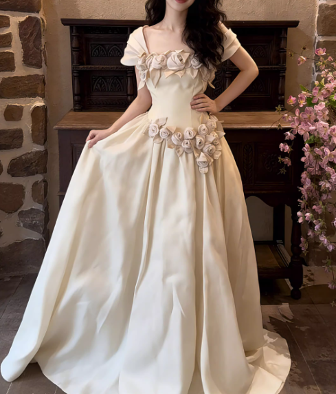 Elegant Ivory Satin Off-the-Shoulder Wedding Dress with 3D Floral Applique DP7880