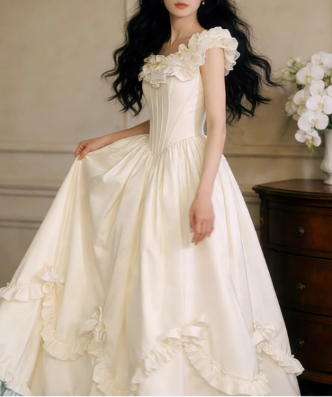 Ivory Satin Off-the-Shoulder Bridal Gown A-Line Ruffled Bows Wedding Dress DP7881