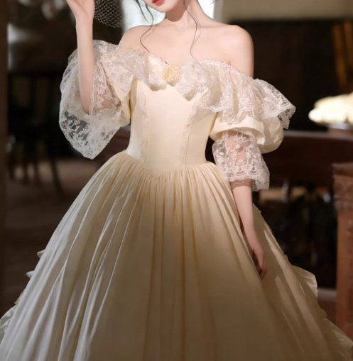 Romantic Ivory Off-the-Shoulder Lace Bridal Gown A-Line Ruffled Wedding Dress DP7883