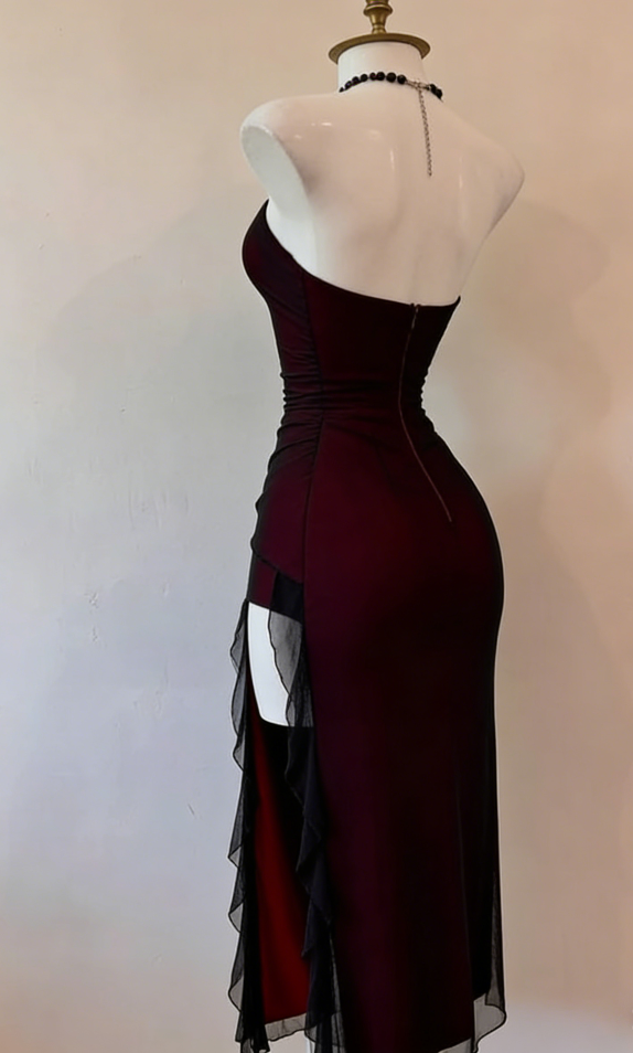 Vintage Burgundy Strapless Sheath Split Long Evening Party Dresses DP5700