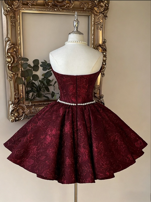 Glam Burgundy Jacquard Sweetheart Homecoming Dress A-Line Pearl Details Party Gown DP7872