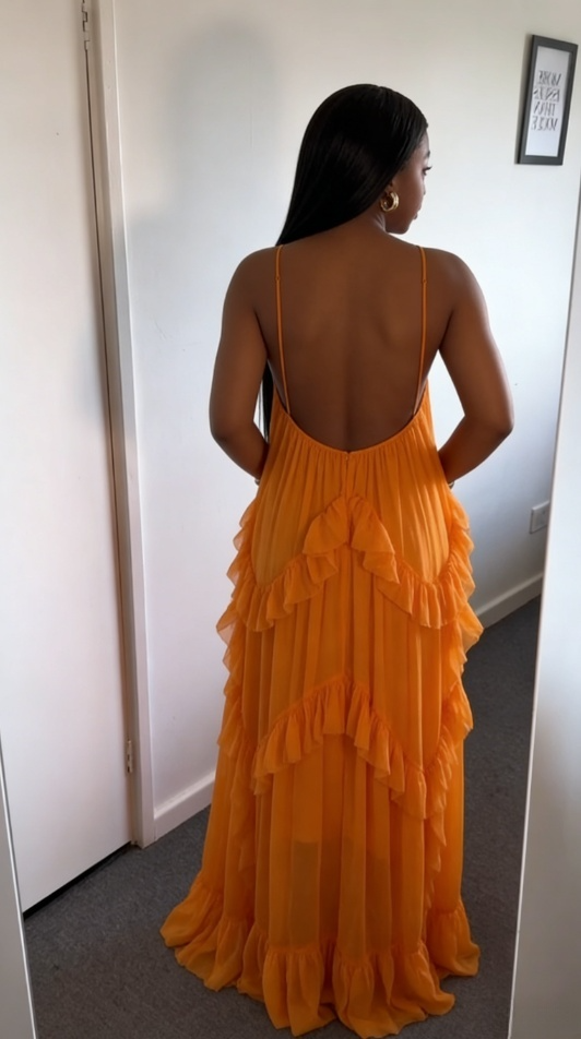 Orange Ruffled Tiered Maxi Dress - Flowy Boho Evening Gown DP3062