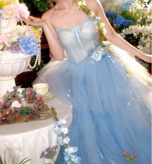 Elegant Light Blue Strapless Floral Tulle Sweet 15 Quinceanera Ball Gown DP7894
