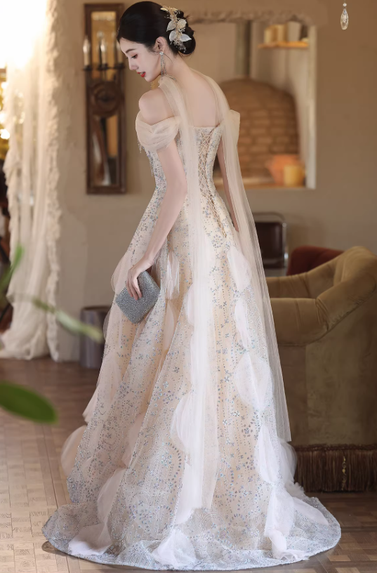 Elegant Champagne Sequin Off-the-Shoulder Evening Gown DP7898