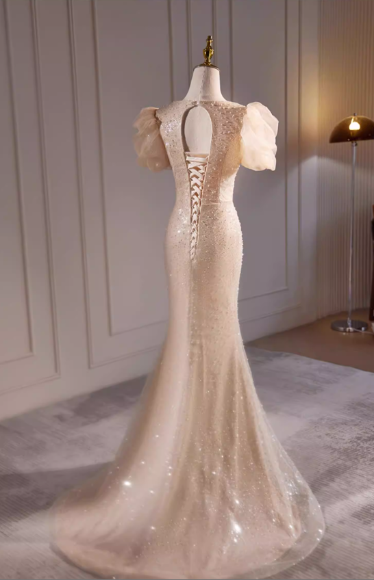 Elegant Champagne Sequin Puff Sleeve Mermaid Evening Gown DP7899