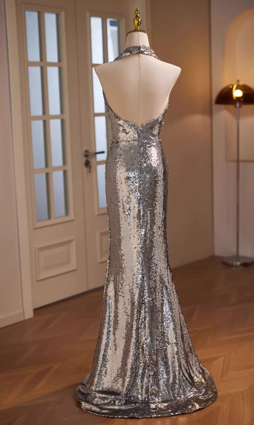 Elegant Silver Sequin Halter Mermaid Evening Gown DP7900