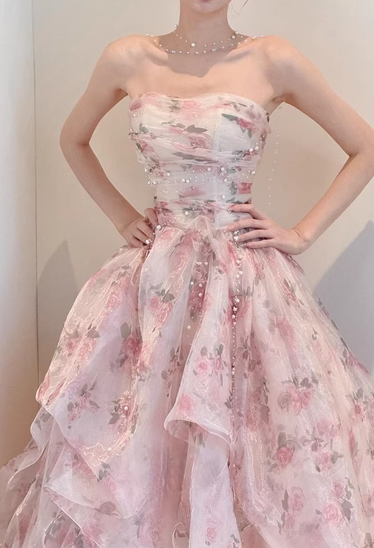 Elegant Pink Floral Tulle Strapless Beaded Evening Gown DP7903