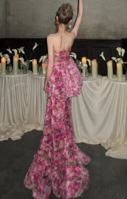 Glamorous Floral Textured Strapless Prom Dress Peplum Mermaid Evening Gown DP7904