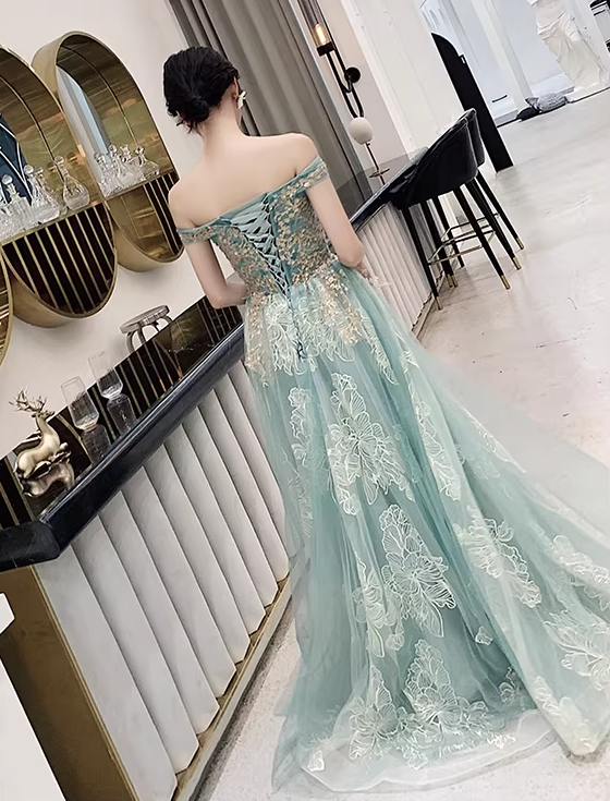 Glamorous Sage Green Off-the-Shoulder Gold Lace Applique Evening Gown DP7906