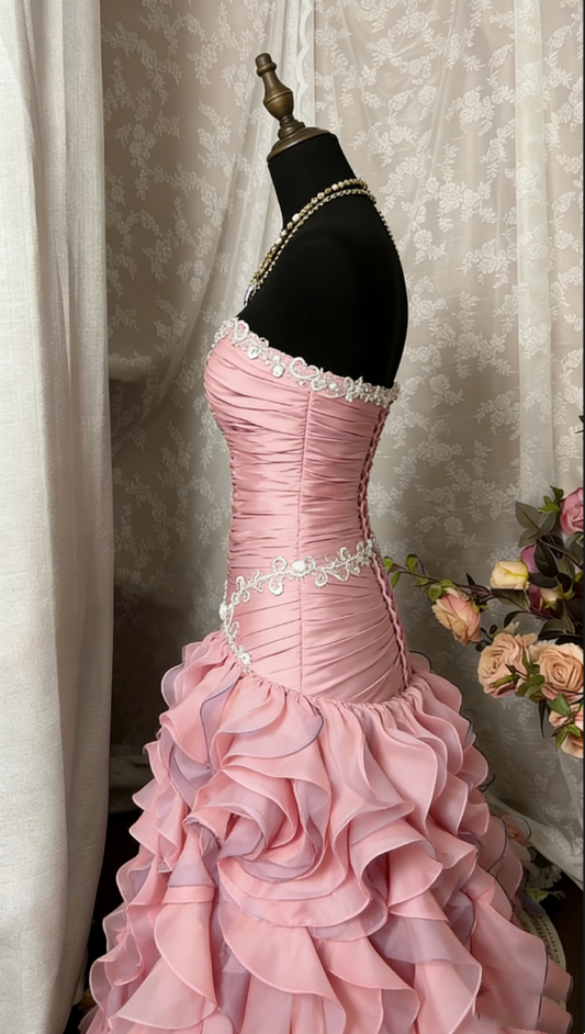 Glamorous Pink Strapless Mermaid Prom Dress Ruffled Organza Evening Gown DP7908