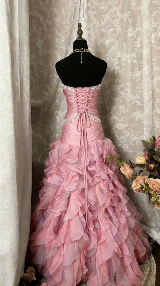 Glamorous Pink Strapless Mermaid Prom Dress Ruffled Organza Evening Gown DP7908