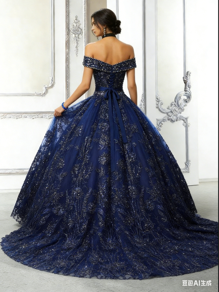 Robe de bal Quinceañera bleu marine scintillante, épaules dénudées, ornée de perles et de broderies, DP7923