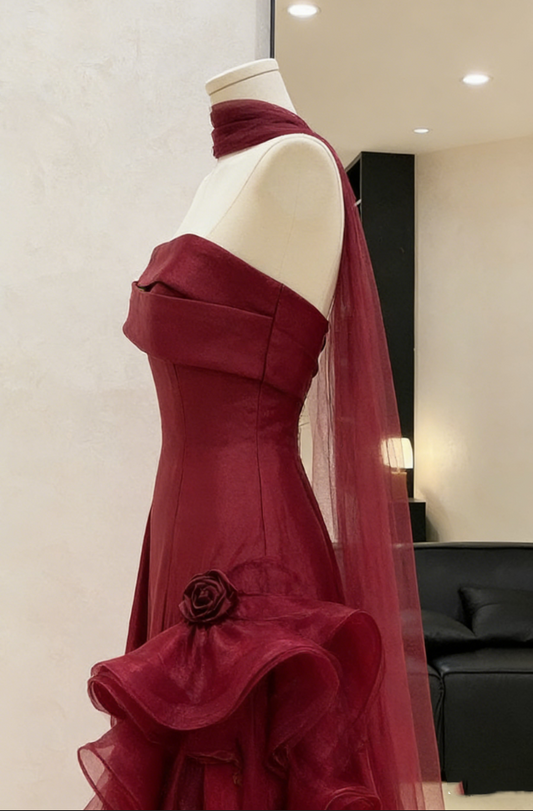 Romantic Burgundy Strapless Organza Evening Gown with Dramatic Ruffle & Tulle Scarf DP7928