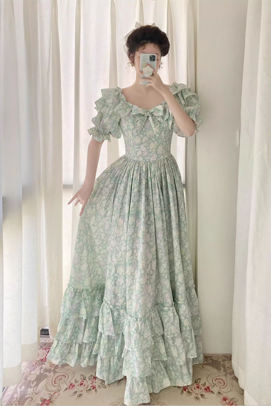Elegant Mint Green Floral Evening Gown Off-the-Shoulder Tiered Ruffle Prom Dress DP7930